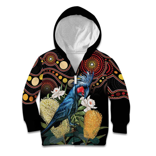 Australia Palm Cockatoo Kid Hoodie Aussie Banksia - Aboriginal Pattern