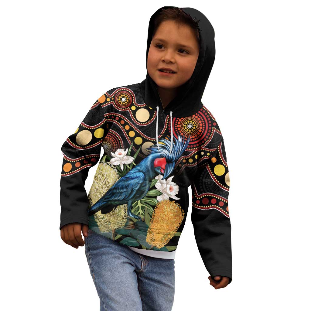Australia Palm Cockatoo Kid Hoodie Aussie Banksia - Aboriginal Pattern