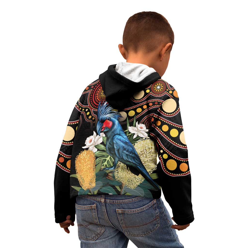 Australia Palm Cockatoo Kid Hoodie Aussie Banksia - Aboriginal Pattern