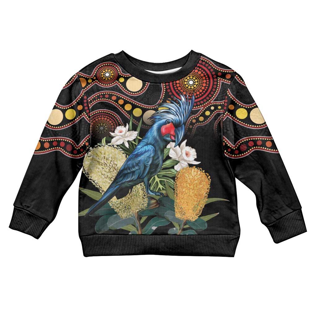 Australia Palm Cockatoo Kid Ugly Christmas Sweater Aussie Banksia - Aboriginal Pattern