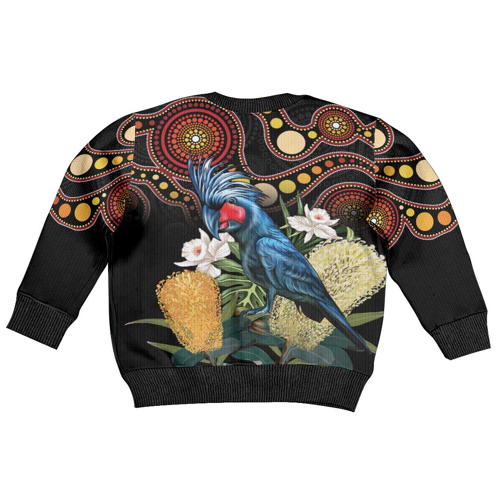 Australia Palm Cockatoo Kid Ugly Christmas Sweater Aussie Banksia - Aboriginal Pattern