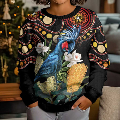 Australia Palm Cockatoo Kid Ugly Christmas Sweater Aussie Banksia - Aboriginal Pattern