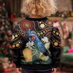 Australia Palm Cockatoo Kid Ugly Christmas Sweater Aussie Banksia - Aboriginal Pattern
