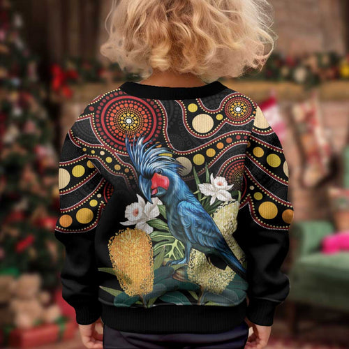 Australia Palm Cockatoo Kid Ugly Christmas Sweater Aussie Banksia - Aboriginal Pattern