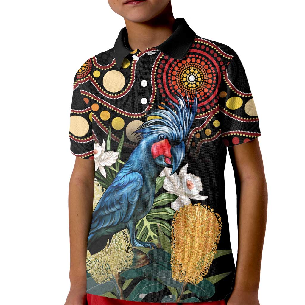 Australia Palm Cockatoo Kid Polo Shirt Aussie Banksia - Aboriginal Pattern