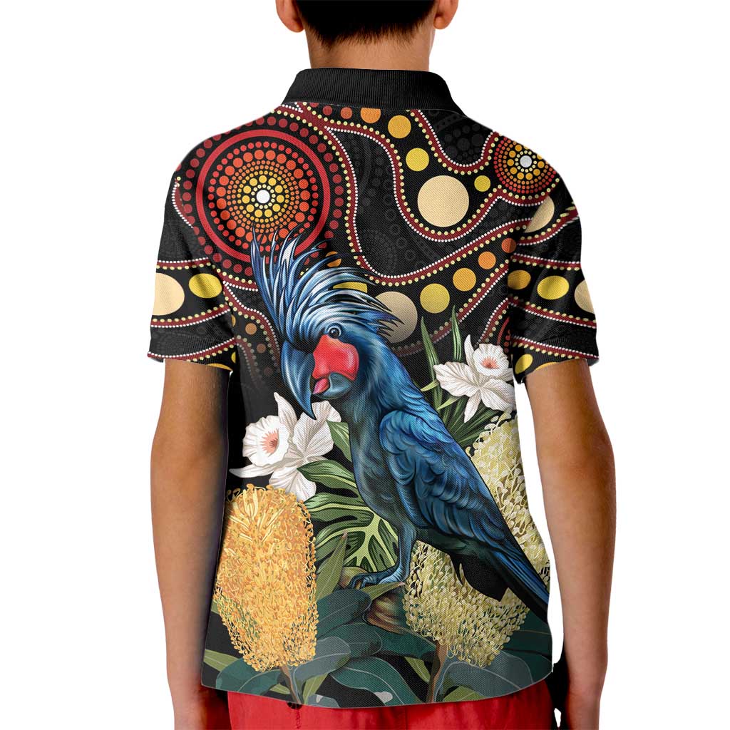 Australia Palm Cockatoo Kid Polo Shirt Aussie Banksia - Aboriginal Pattern