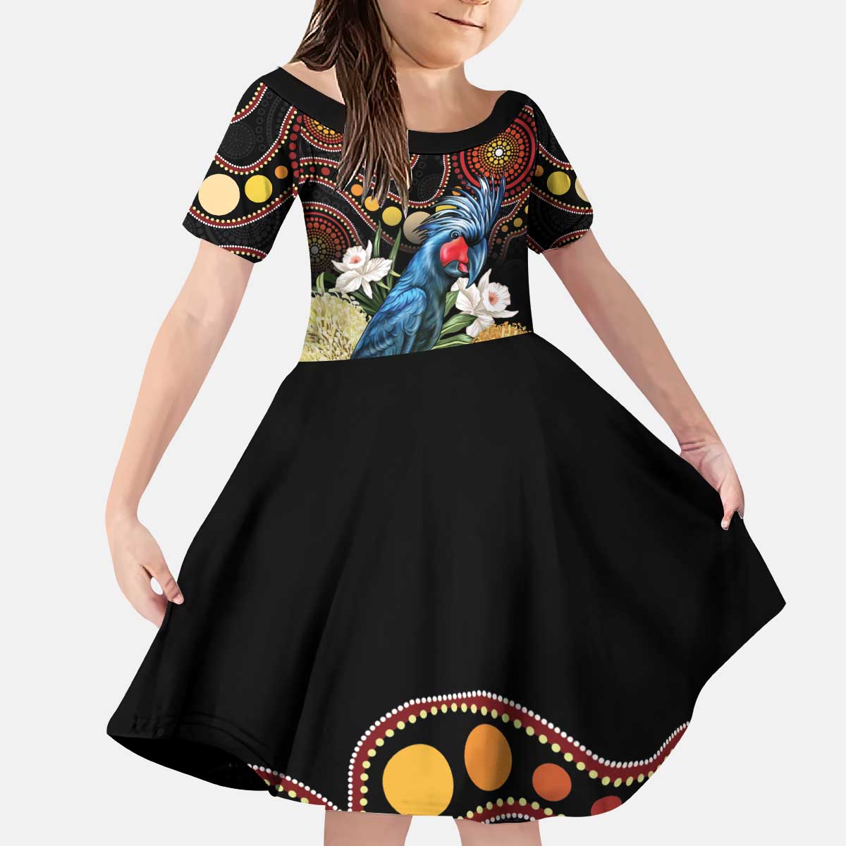 Australia Palm Cockatoo Kid Short Sleeve Dress Aussie Banksia - Aboriginal Pattern