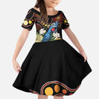 Australia Palm Cockatoo Kid Short Sleeve Dress Aussie Banksia - Aboriginal Pattern