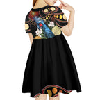 Australia Palm Cockatoo Kid Short Sleeve Dress Aussie Banksia - Aboriginal Pattern