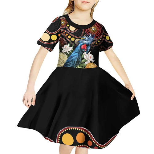 Australia Palm Cockatoo Kid Short Sleeve Dress Aussie Banksia - Aboriginal Pattern