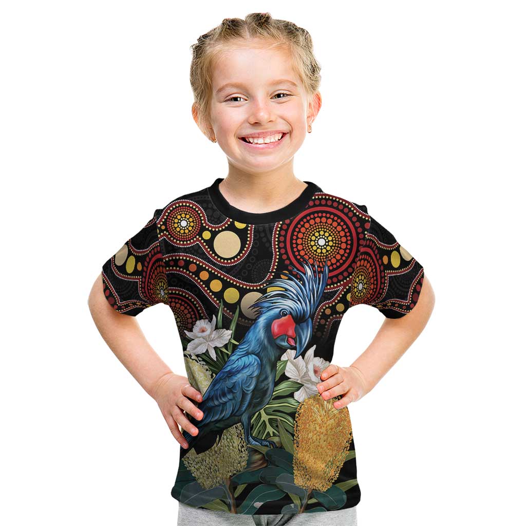Australia Palm Cockatoo Kid T Shirt Aussie Banksia - Aboriginal Pattern