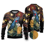 Australia Palm Cockatoo Ugly Christmas Sweater Aussie Banksia - Aboriginal Pattern