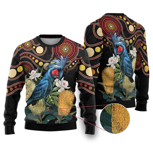 Australia Palm Cockatoo Ugly Christmas Sweater Aussie Banksia - Aboriginal Pattern