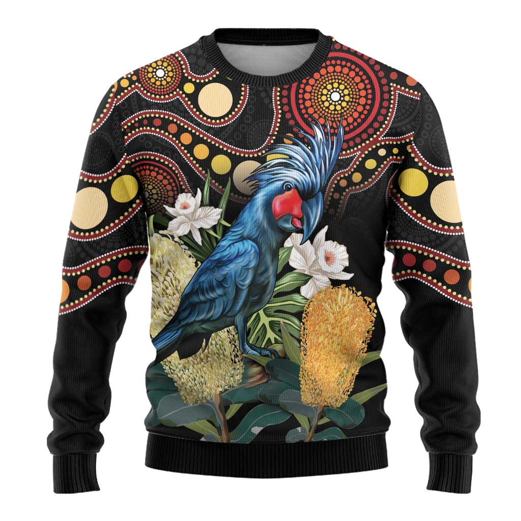 Australia Palm Cockatoo Ugly Christmas Sweater Aussie Banksia - Aboriginal Pattern