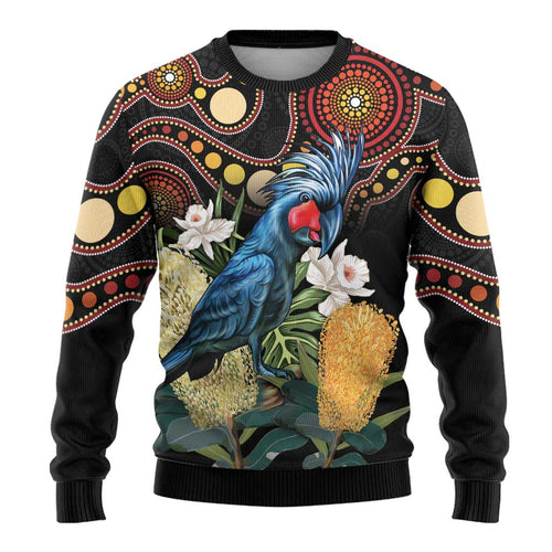 Australia Palm Cockatoo Ugly Christmas Sweater Aussie Banksia - Aboriginal Pattern