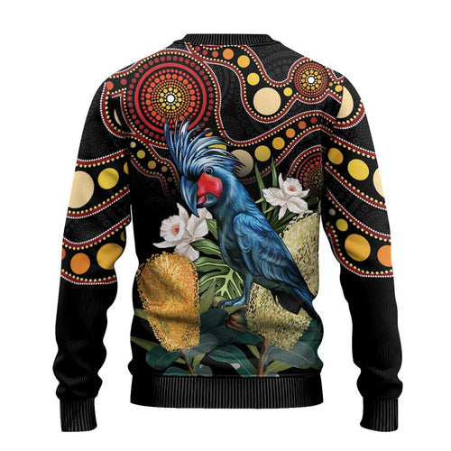 Australia Palm Cockatoo Ugly Christmas Sweater Aussie Banksia - Aboriginal Pattern