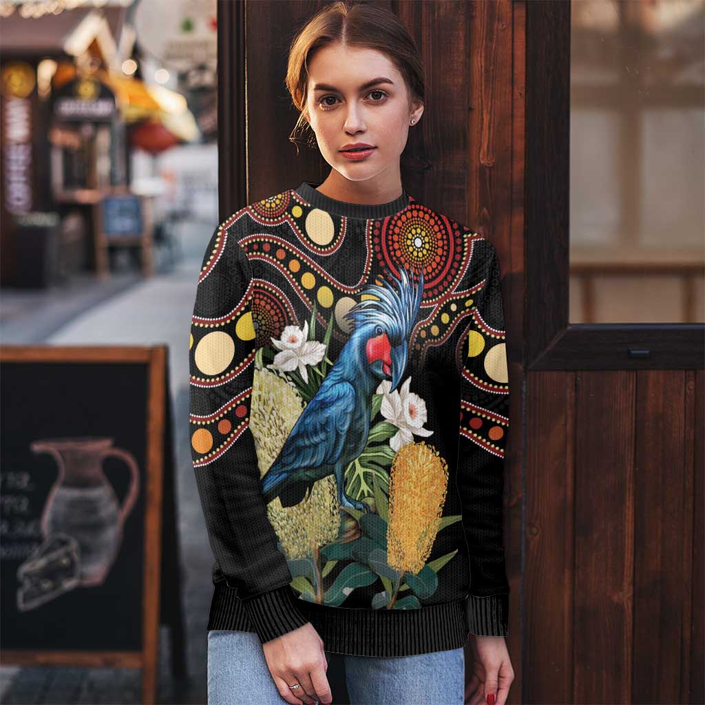 Australia Palm Cockatoo Ugly Christmas Sweater Aussie Banksia - Aboriginal Pattern