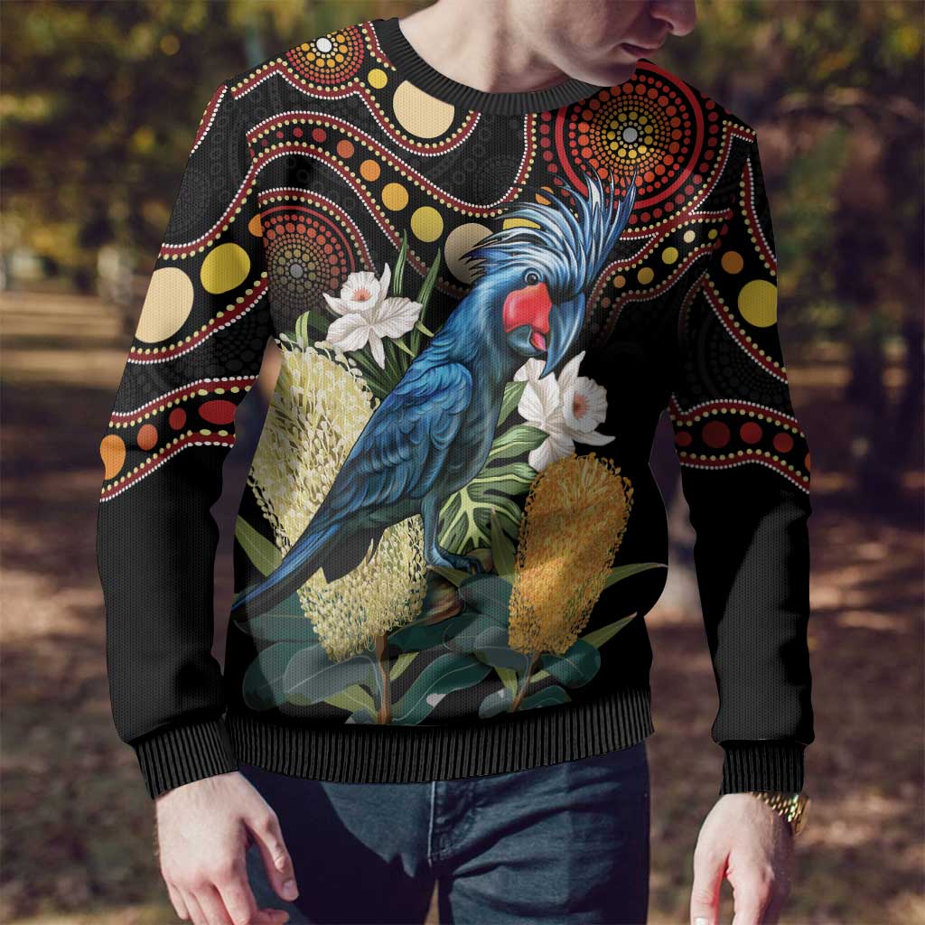 Australia Palm Cockatoo Ugly Christmas Sweater Aussie Banksia - Aboriginal Pattern