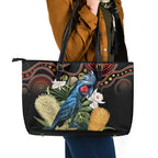Australia Palm Cockatoo Leather Tote Bag Aussie Banksia - Aboriginal Pattern