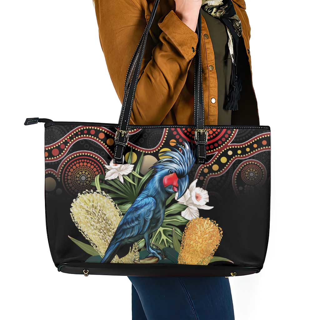 Australia Palm Cockatoo Leather Tote Bag Aussie Banksia - Aboriginal Pattern