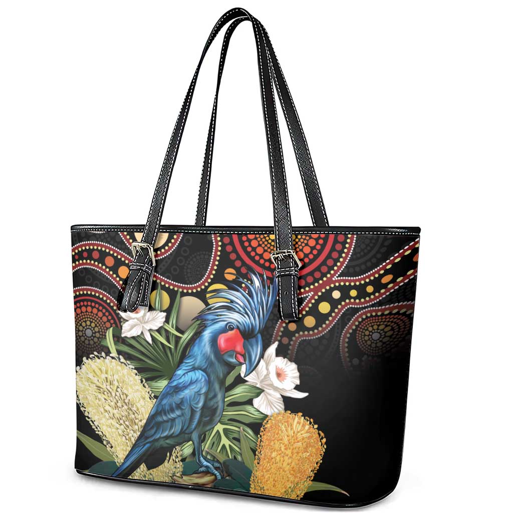 Australia Palm Cockatoo Leather Tote Bag Aussie Banksia - Aboriginal Pattern