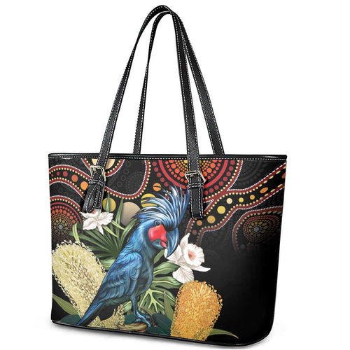Australia Palm Cockatoo Leather Tote Bag Aussie Banksia - Aboriginal Pattern