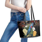 Australia Palm Cockatoo Leather Tote Bag Aussie Banksia - Aboriginal Pattern
