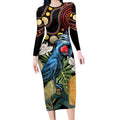 Australia Palm Cockatoo Long Sleeve Bodycon Dress Aussie Banksia - Aboriginal Pattern