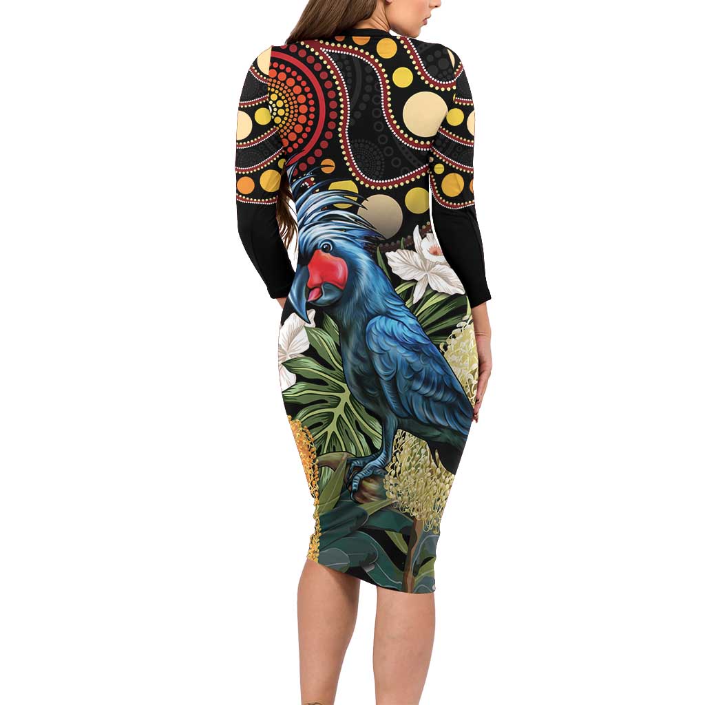 Australia Palm Cockatoo Long Sleeve Bodycon Dress Aussie Banksia - Aboriginal Pattern