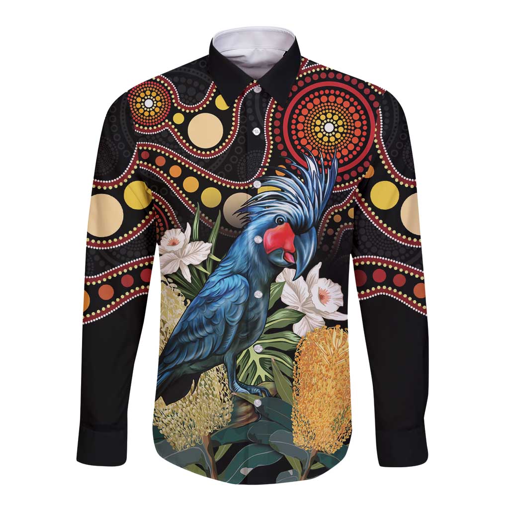 Australia Palm Cockatoo Long Sleeve Button Shirt Aussie Banksia - Aboriginal Pattern