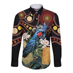 Australia Palm Cockatoo Long Sleeve Button Shirt Aussie Banksia - Aboriginal Pattern