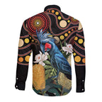 Australia Palm Cockatoo Long Sleeve Button Shirt Aussie Banksia - Aboriginal Pattern