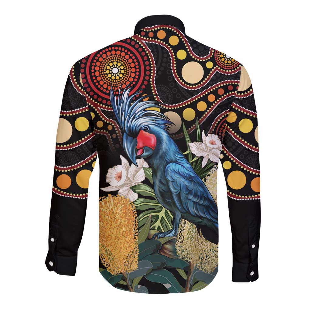 Australia Palm Cockatoo Long Sleeve Button Shirt Aussie Banksia - Aboriginal Pattern