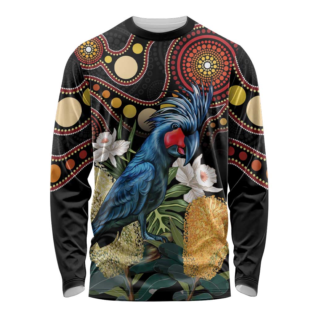 Australia Palm Cockatoo Long Sleeve Shirt Aussie Banksia - Aboriginal Pattern