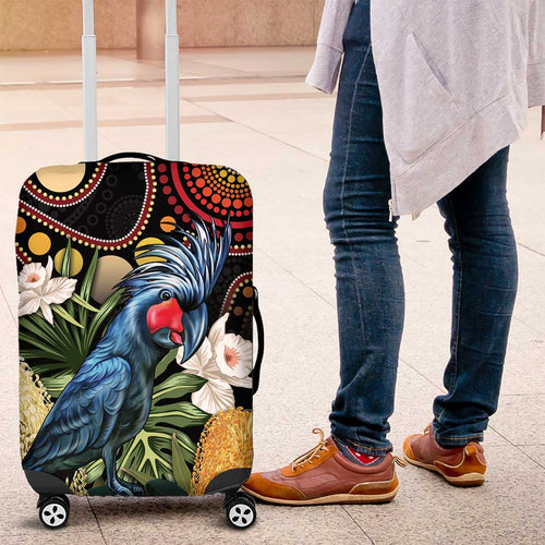 Australia Palm Cockatoo Luggage Cover Aussie Banksia - Aboriginal Pattern