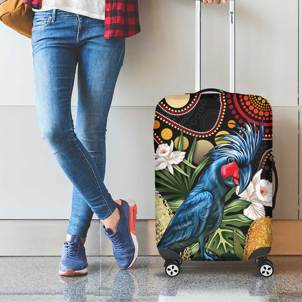 Australia Palm Cockatoo Luggage Cover Aussie Banksia - Aboriginal Pattern