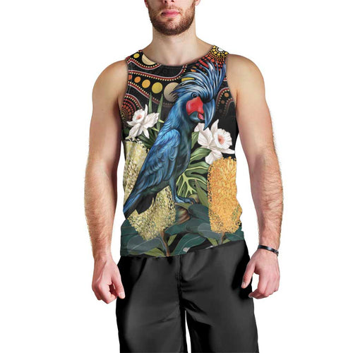 Australia Palm Cockatoo Men Tank Top Aussie Banksia - Aboriginal Pattern