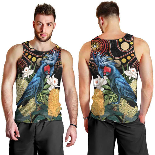 Australia Palm Cockatoo Men Tank Top Aussie Banksia - Aboriginal Pattern