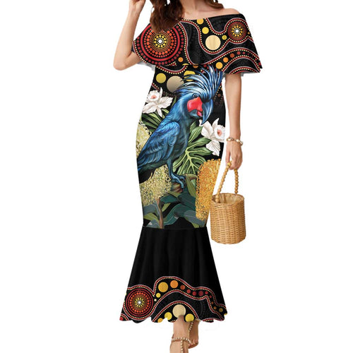 Australia Palm Cockatoo Mermaid Dress Aussie Banksia - Aboriginal Pattern