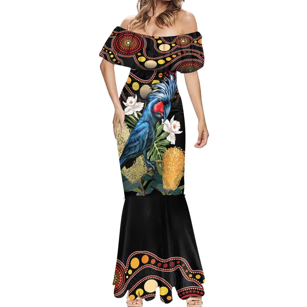 Australia Palm Cockatoo Mermaid Dress Aussie Banksia - Aboriginal Pattern