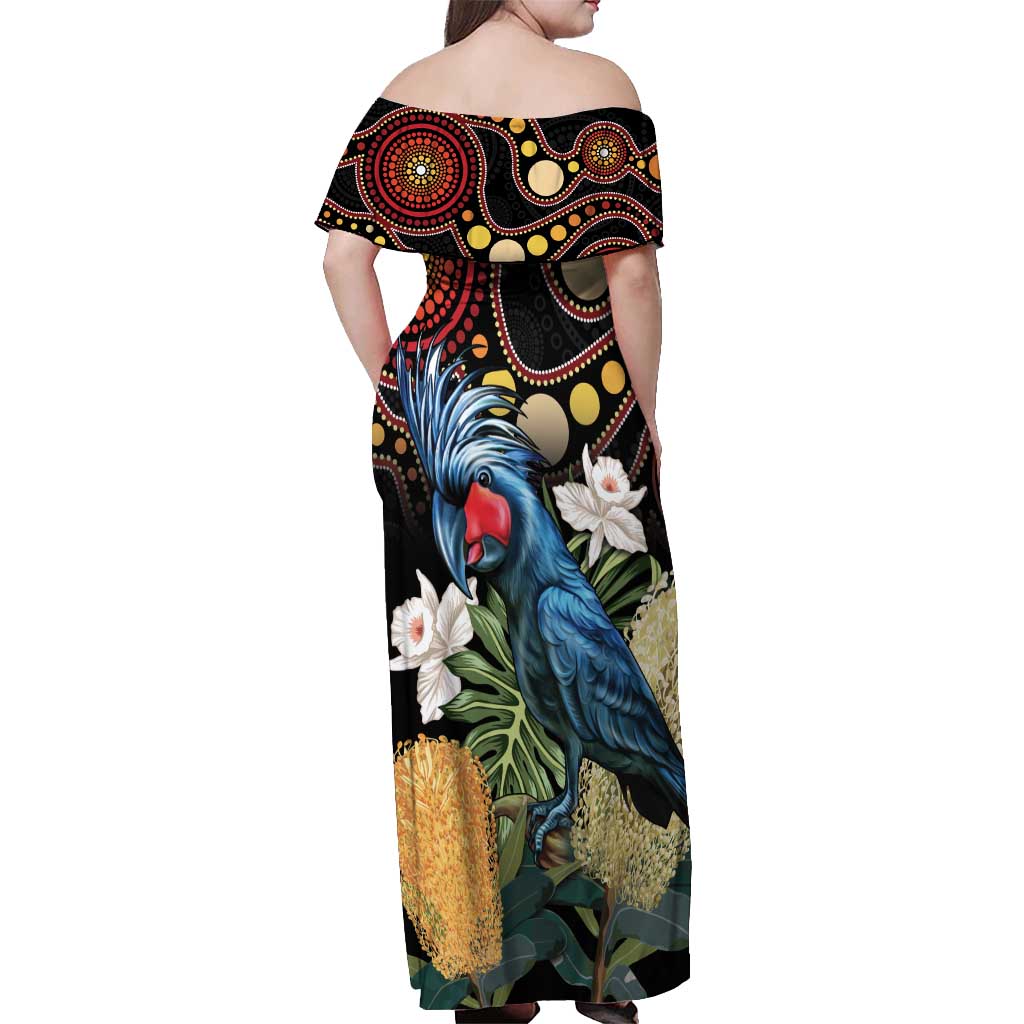 Australia Palm Cockatoo Off Shoulder Maxi Dress Aussie Banksia - Aboriginal Pattern