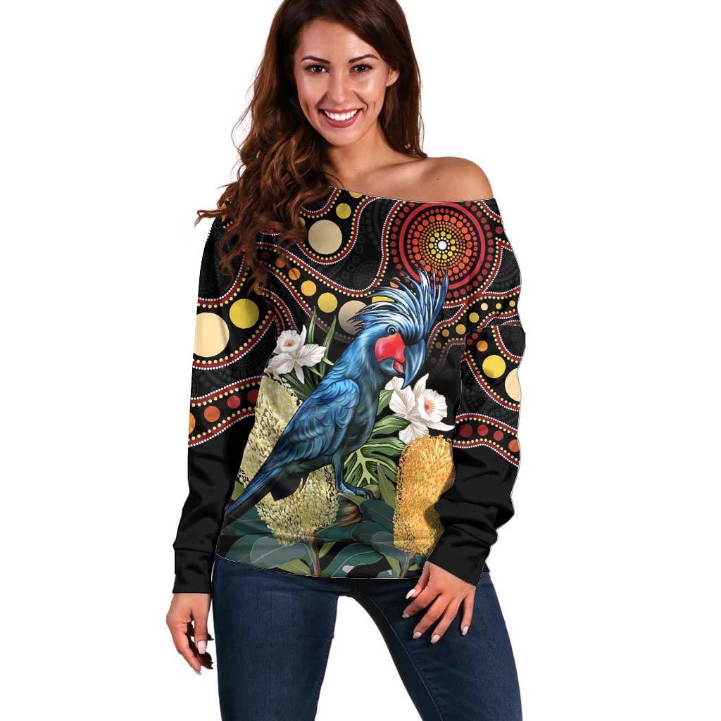 Australia Palm Cockatoo Off Shoulder Sweater Aussie Banksia - Aboriginal Pattern