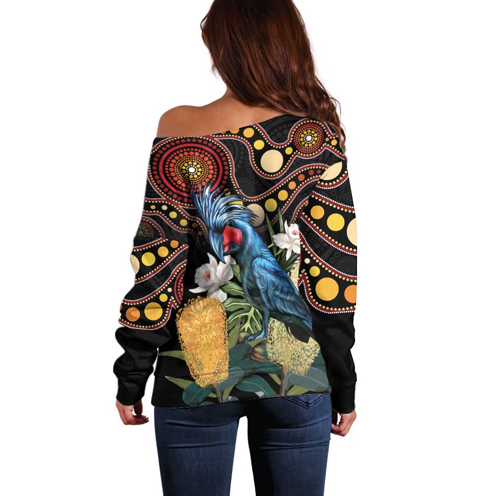 Australia Palm Cockatoo Off Shoulder Sweater Aussie Banksia - Aboriginal Pattern