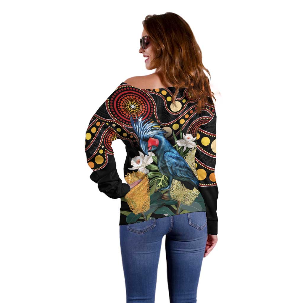 Australia Palm Cockatoo Off Shoulder Sweater Aussie Banksia - Aboriginal Pattern