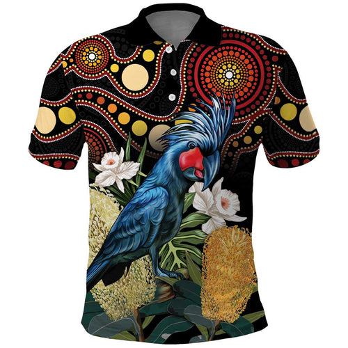 Australia Palm Cockatoo Polo Shirt Aussie Banksia - Aboriginal Pattern