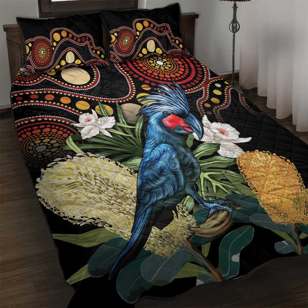 Australia Palm Cockatoo Quilt Bed Set Aussie Banksia - Aboriginal Pattern