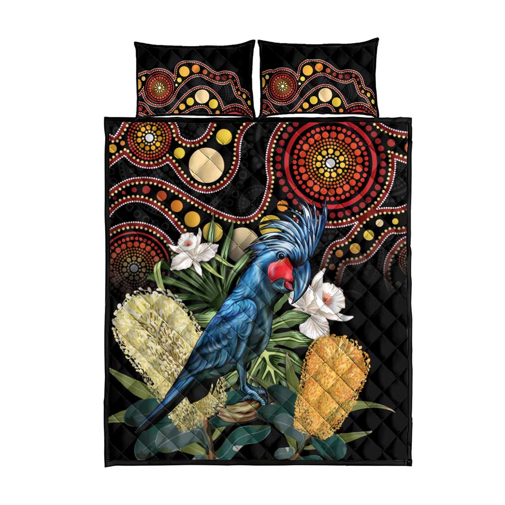 Australia Palm Cockatoo Quilt Bed Set Aussie Banksia - Aboriginal Pattern