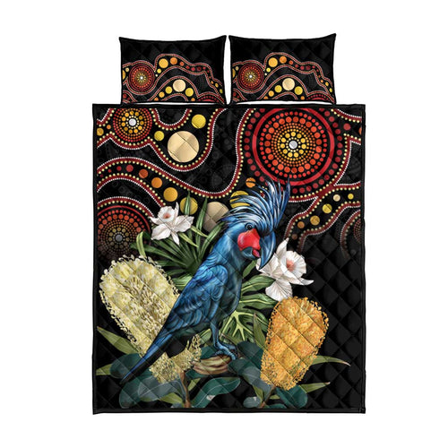 Australia Palm Cockatoo Quilt Bed Set Aussie Banksia - Aboriginal Pattern