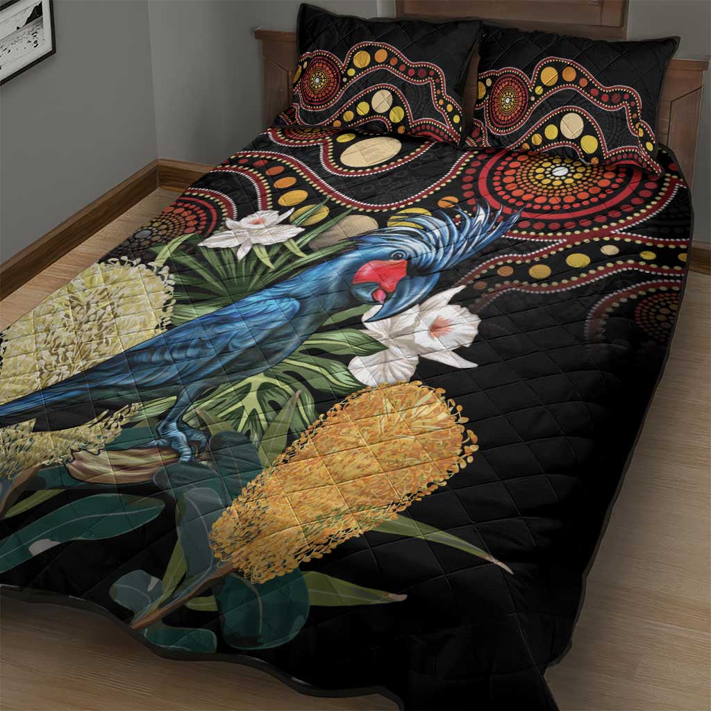 Australia Palm Cockatoo Quilt Bed Set Aussie Banksia - Aboriginal Pattern