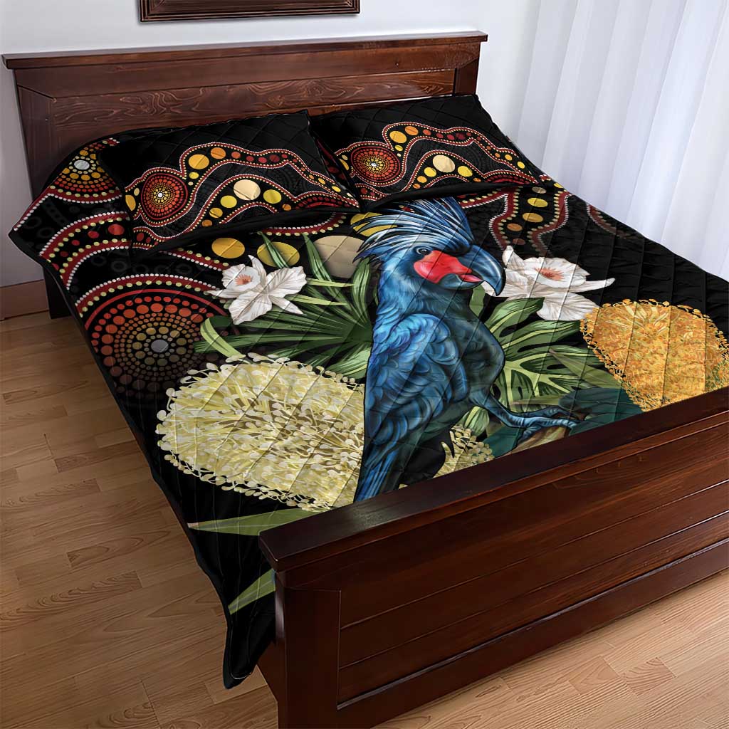 Australia Palm Cockatoo Quilt Bed Set Aussie Banksia - Aboriginal Pattern